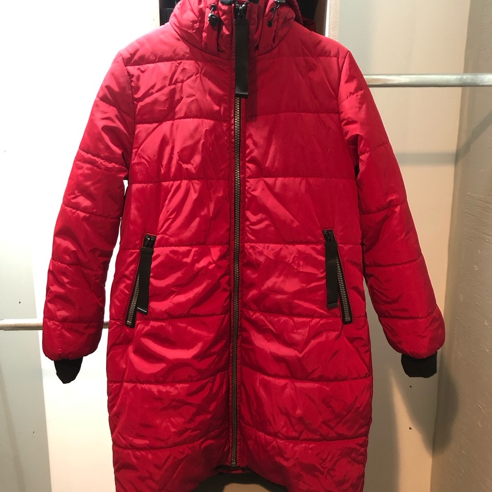 Women's Red Puffer Jacket. 3/4 length with cozy hood.